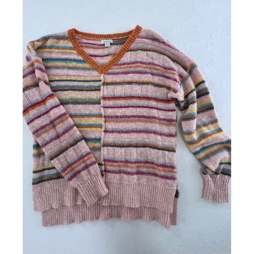 Sundance Womens Pink Multi Color Striped V-Neck Textured Knit Sweater Size M